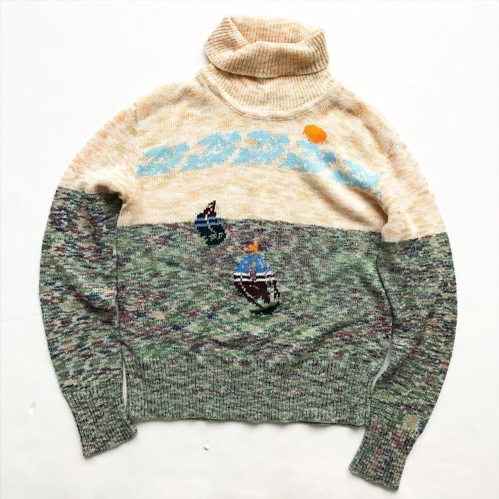 Vintage Lanval sailboat scene light knit turtle neck sweater EUC M(8Y)